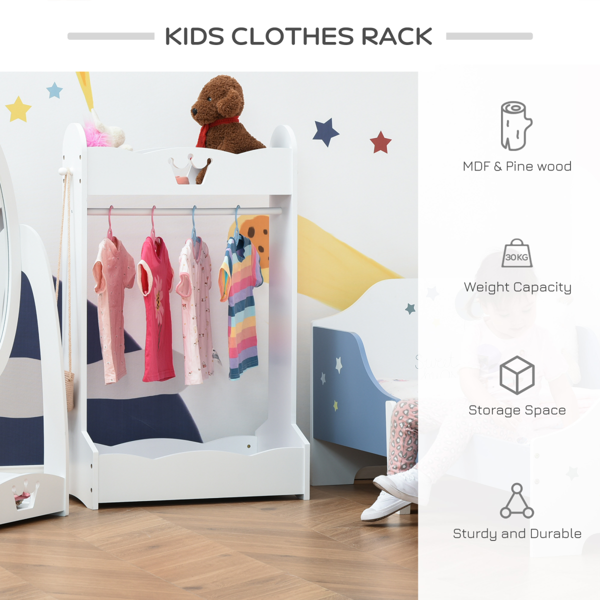 Kids Wooden Clothes Rack with Storage Shelves and Hooks, Princess Hall Tree for Ages 3-8 Years