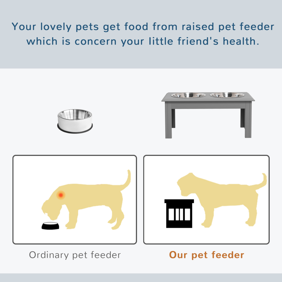 PawHut Elevated Pet Feeder with Stainless Steel Double Bowls, Grey