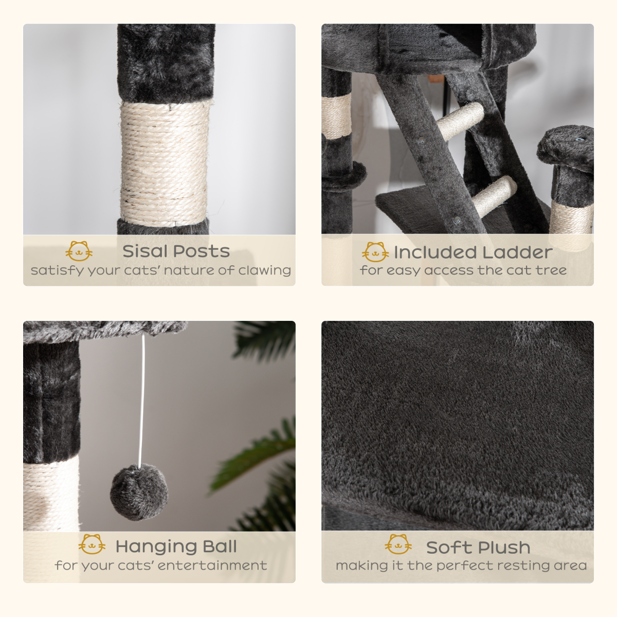 PawHut 240-260cm Floor to Ceiling Cat Tree with Scratching Posts, Cat Houses, Ramps, Hammocks and Tunnel - Dark Grey