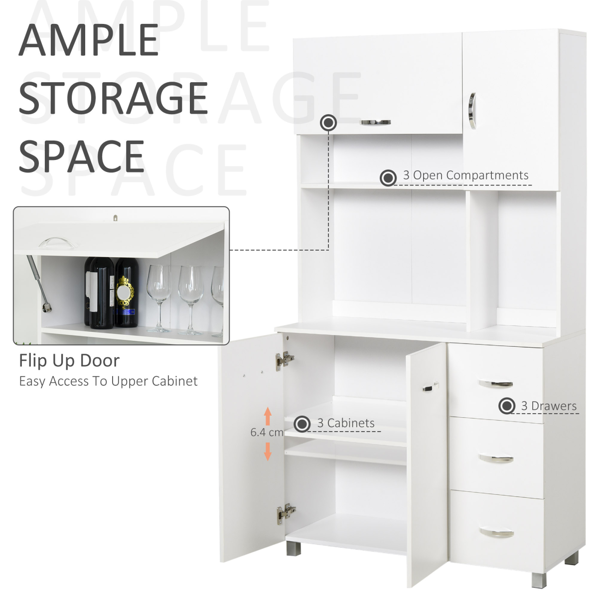 Freestanding White Kitchen Storage Cabinet with Drawers & Cupboards