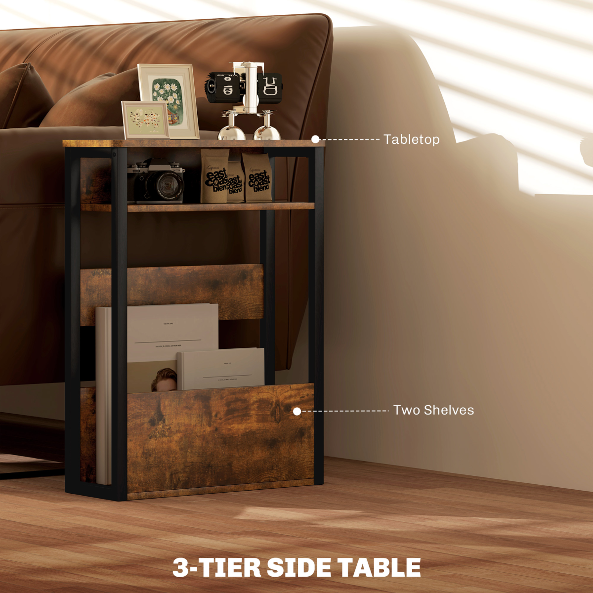 HOMCOM Narrow Industrial Side Table with Storage, Rustic Brown