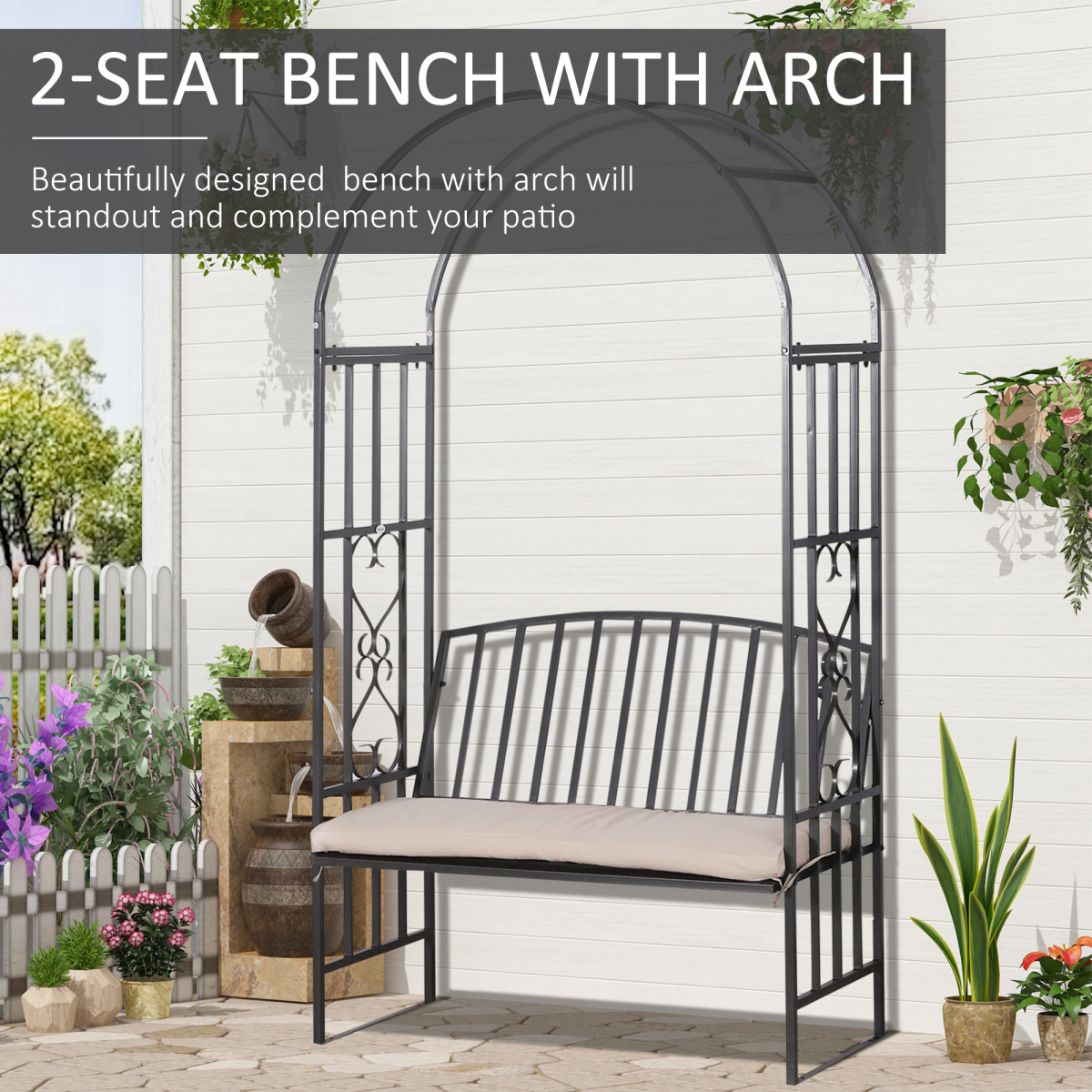 Outsunny Grey Metal Bench with Arch, 114 cm, Two-Seater