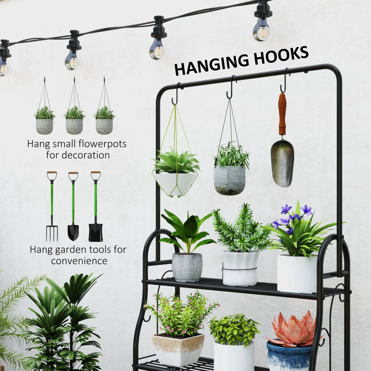 Outsunny 3-Tier Black Metal Plant Stand with Hanging Hooks