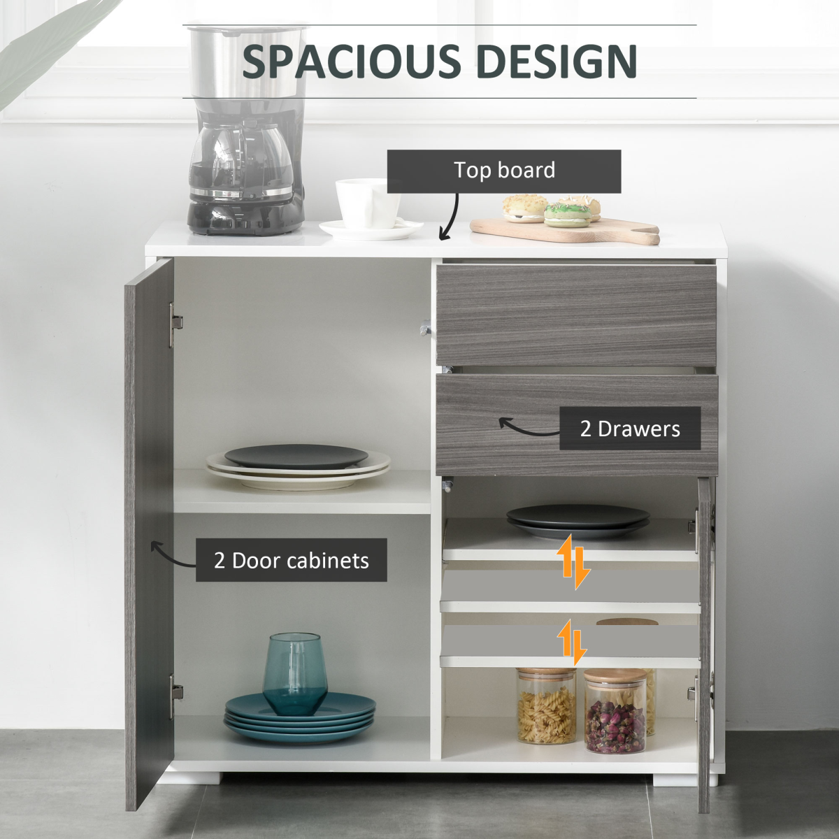 HOMCOM Grey Side Cabinet with 2 Doors and 2 Drawers for Home Office