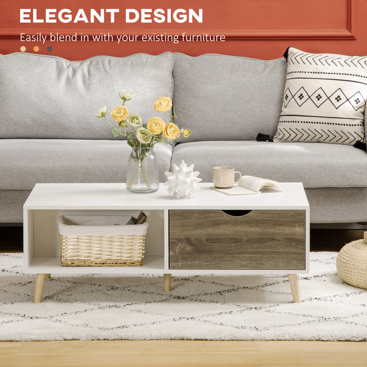 Modern White Coffee Table with Storage Shelves and 2 Drawers