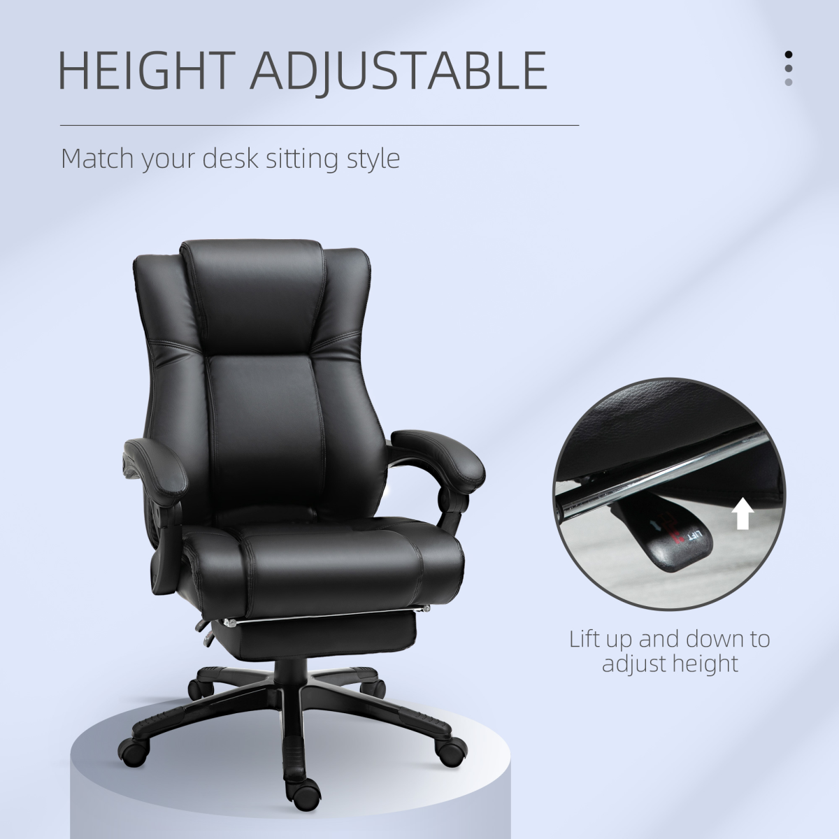 Executive High Back Office Chair with Reclining Backrest, Retractable Footrest, Adjustable Height, 360 Swivel Wheels, Black