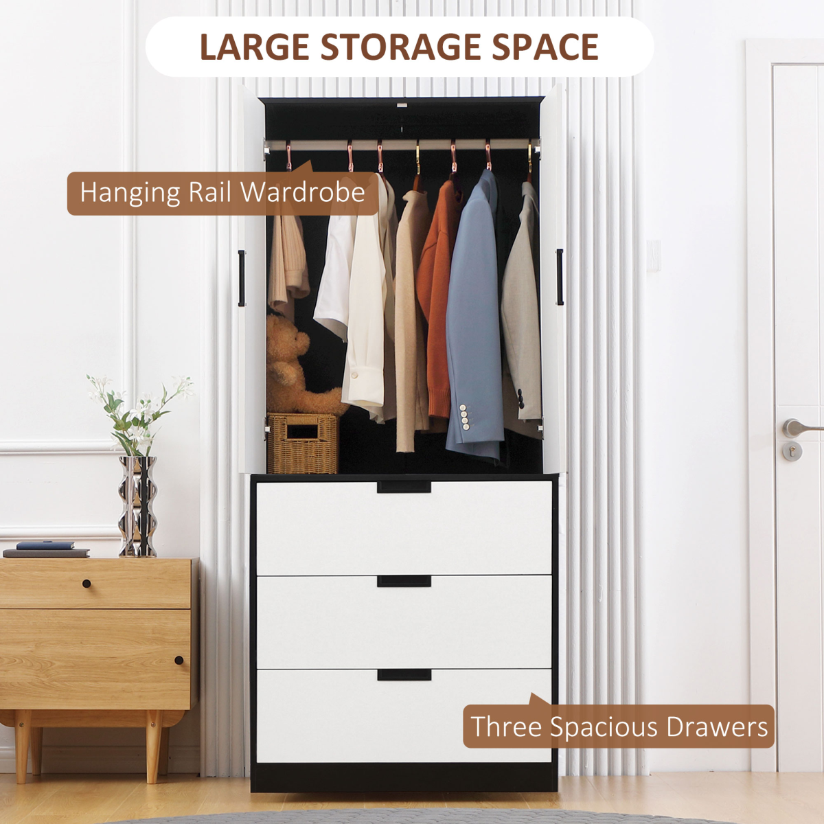 HOMCOM 2-Door White Wardrobe with 3 Drawers & Hanging Rod
