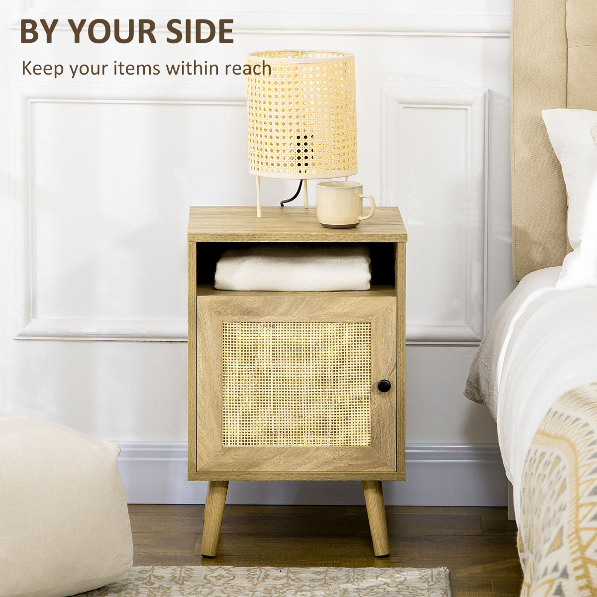 HOMCOM Rattan Nightstand with Cabinet & Shelf, Natural