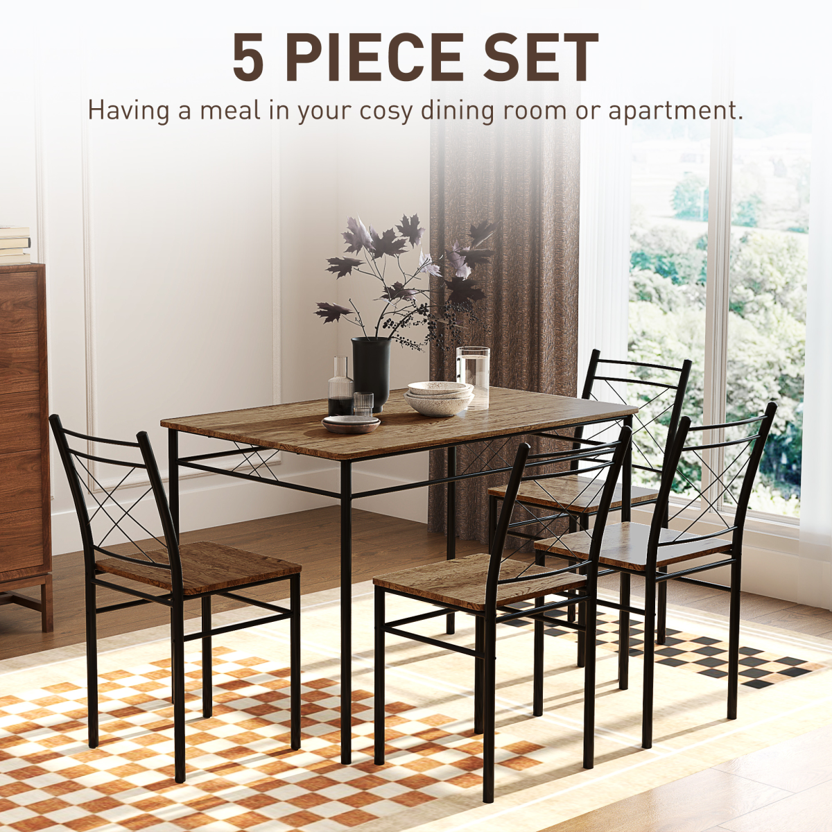 HOMCOM 5-Piece Space Saving Dining Table and Chairs Set, Oak/Black
