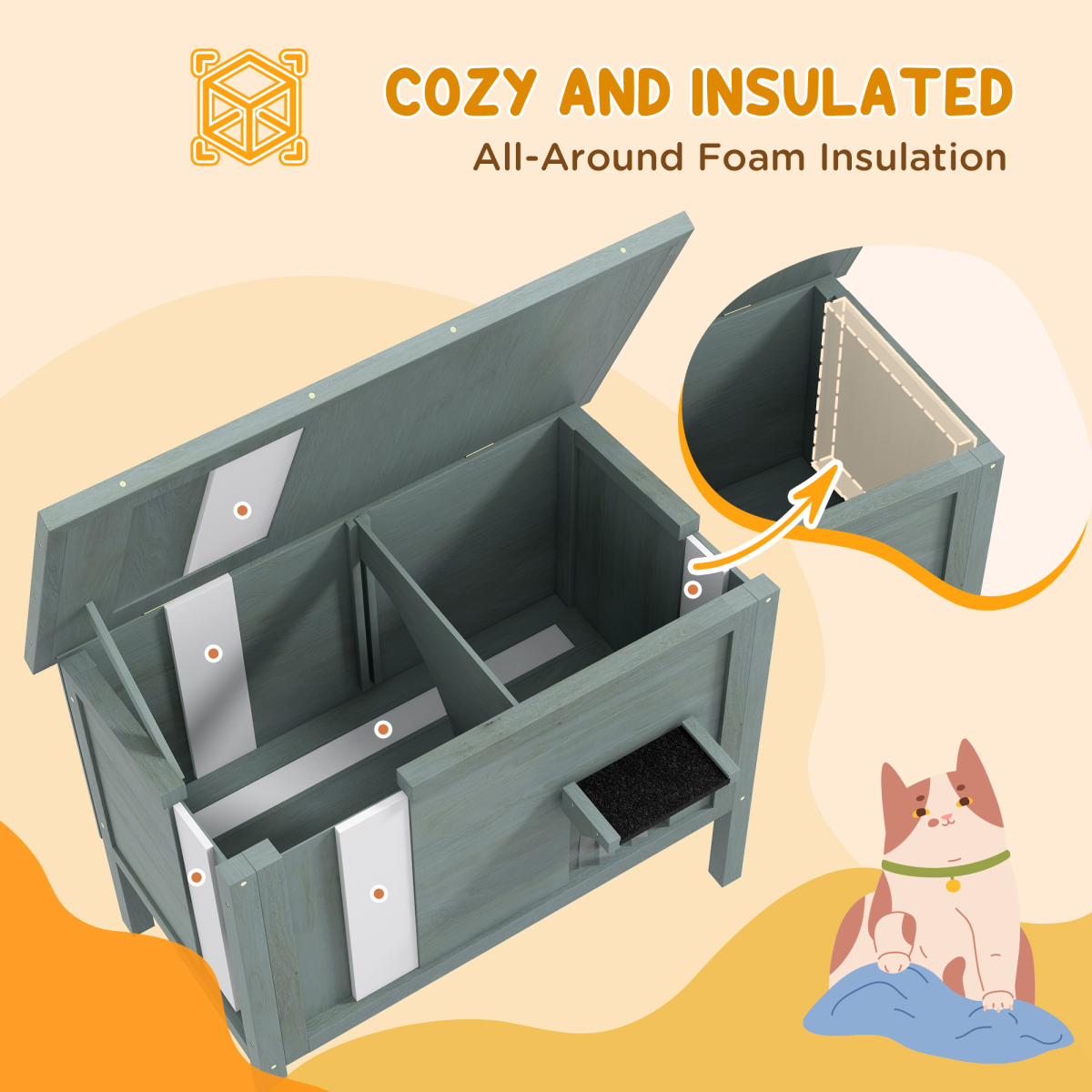 PawHut Outdoor Feral Cat House Insulated w/ Openable Roof - Charcoal Grey
