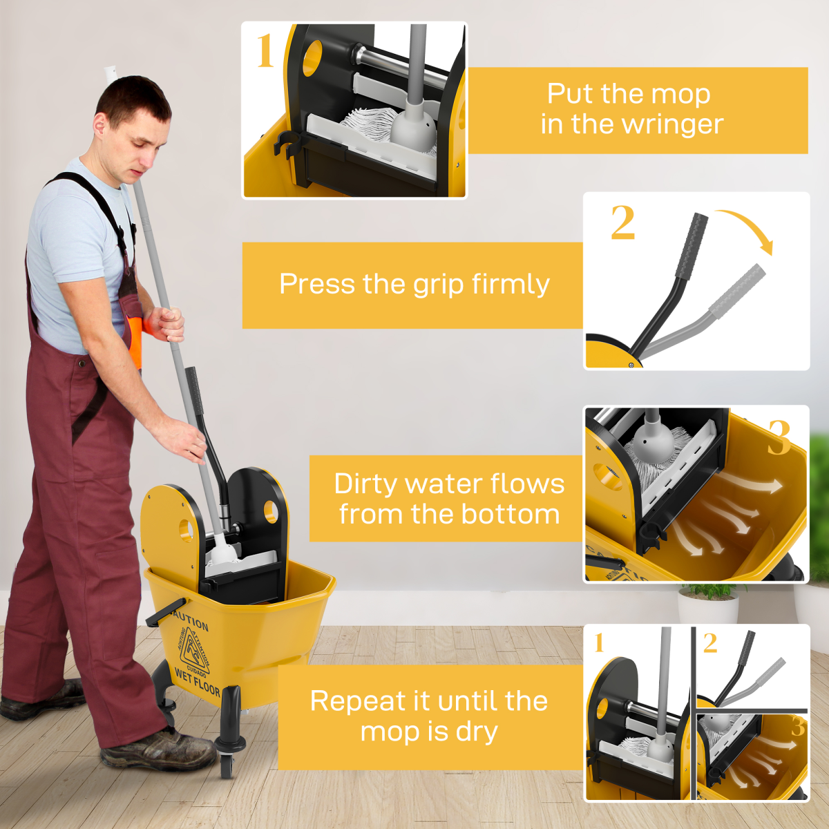 HOMCOM 26L Mop Bucket with Wringer, Wheels, Mop Included, Yellow