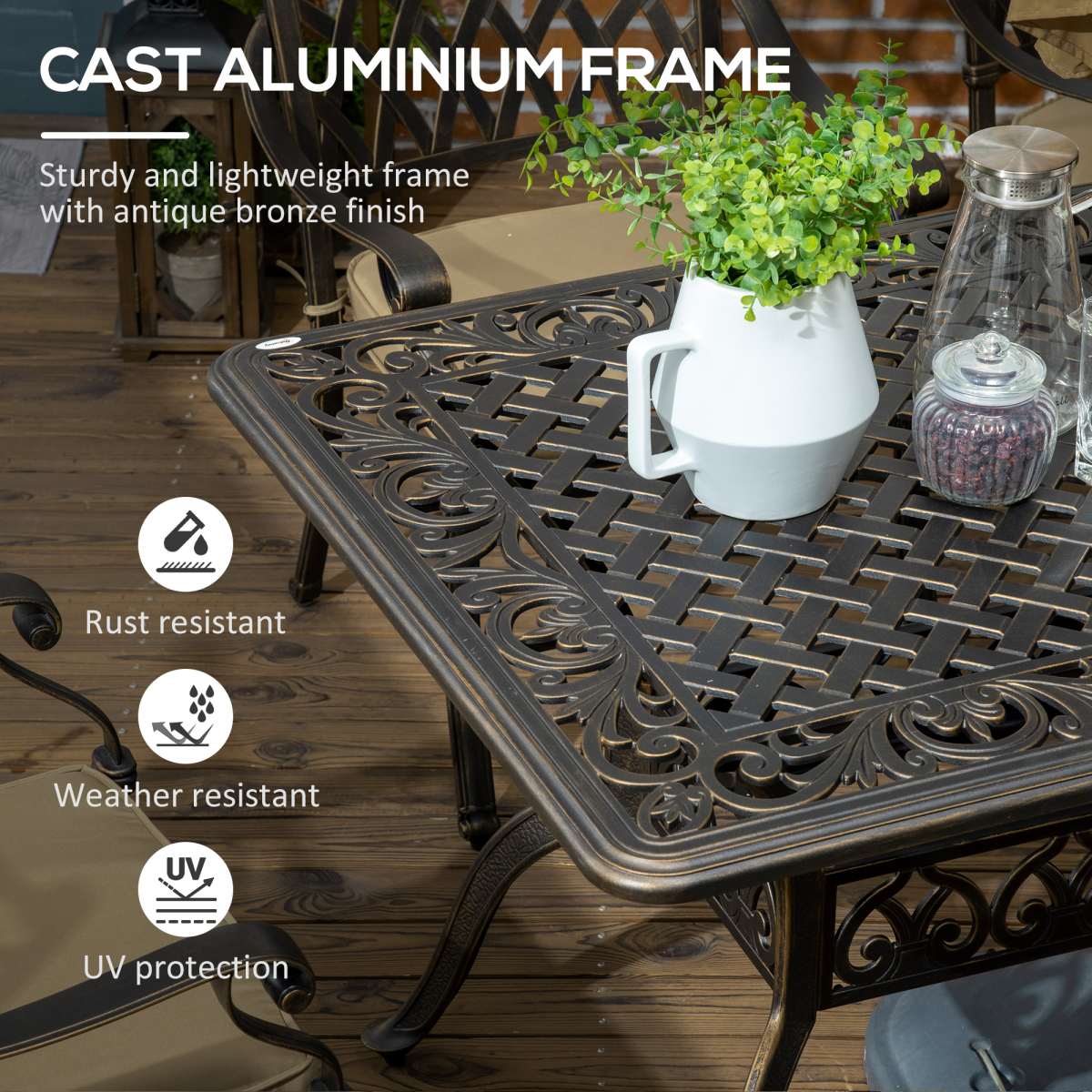 Outsunny 7-Piece Cast Aluminum Patio Dining Set with Cushions, Bronze
