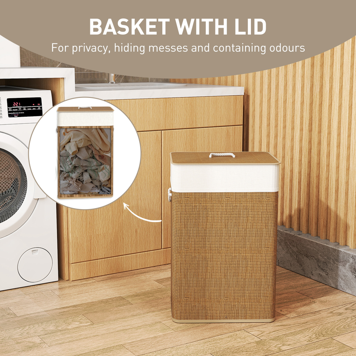 HOMCOM Bamboo Laundry Hamper, 72L, Removable Washable Liner Bag, Brown