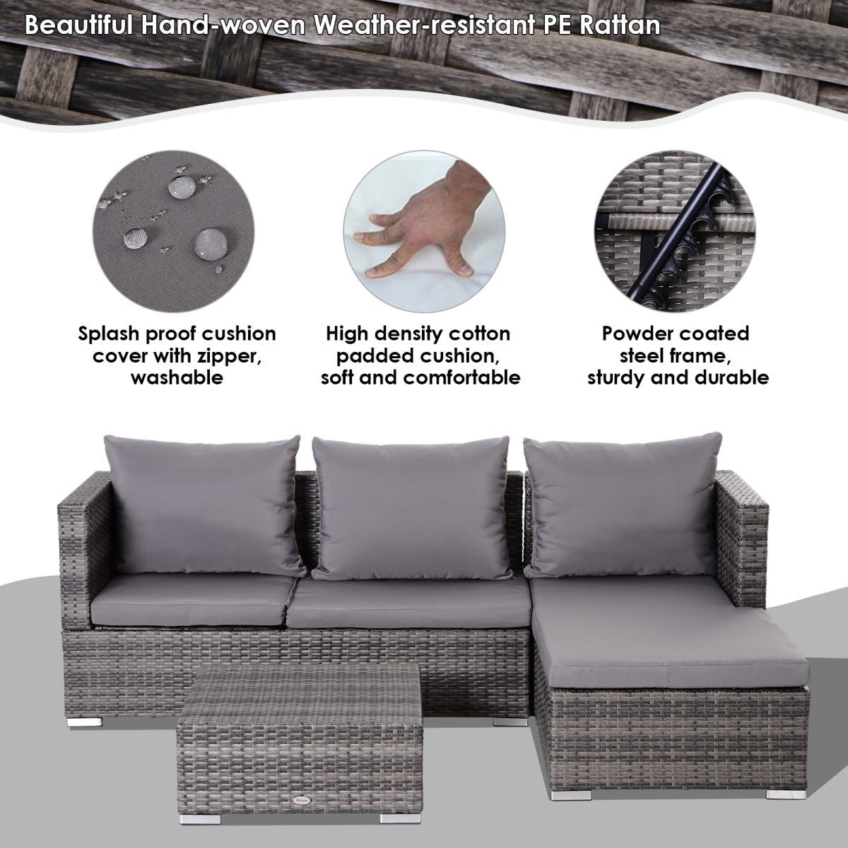 Outsunny Rattan Garden Sofa Set Storage Table Wicker Patio Lounger 4-Seater Grey