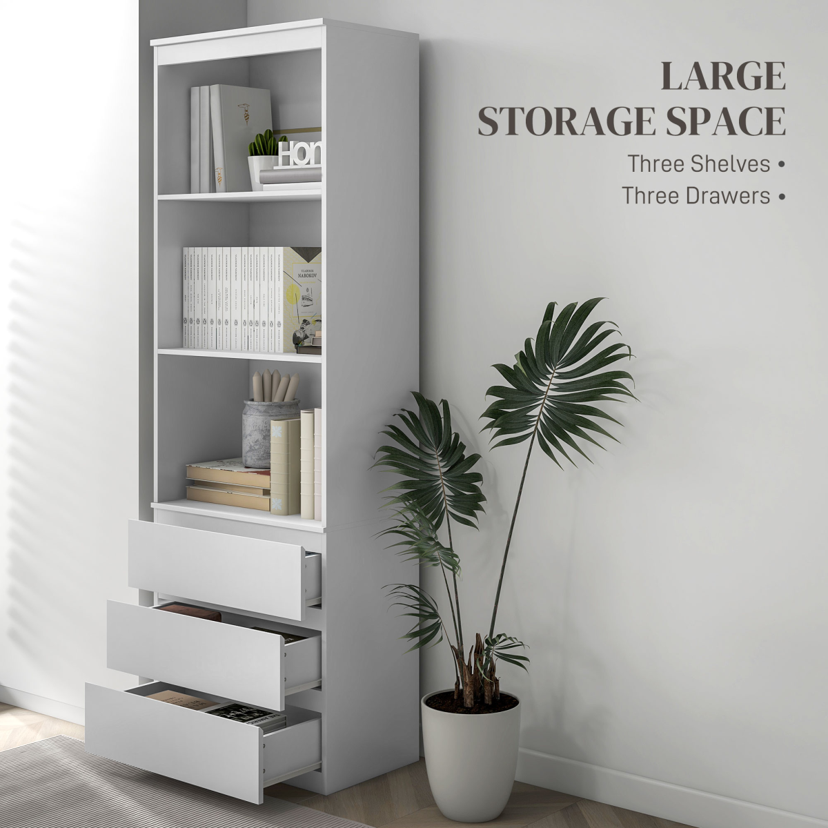 HOMCOM 180cm White Freestanding Bookshelf with 3 Shelves and 3 Drawers