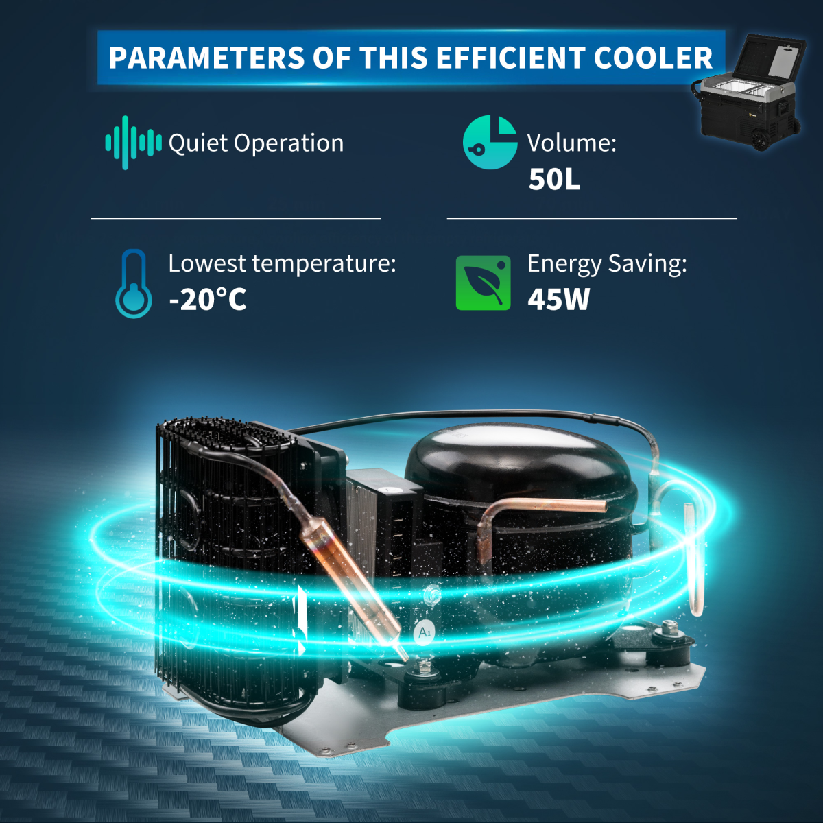 Portable Car Refrigerator 50L, 12/24V Fridge Freezer, Adjustable to -20°C, Touch Control Panel, USB Charging, Wheels