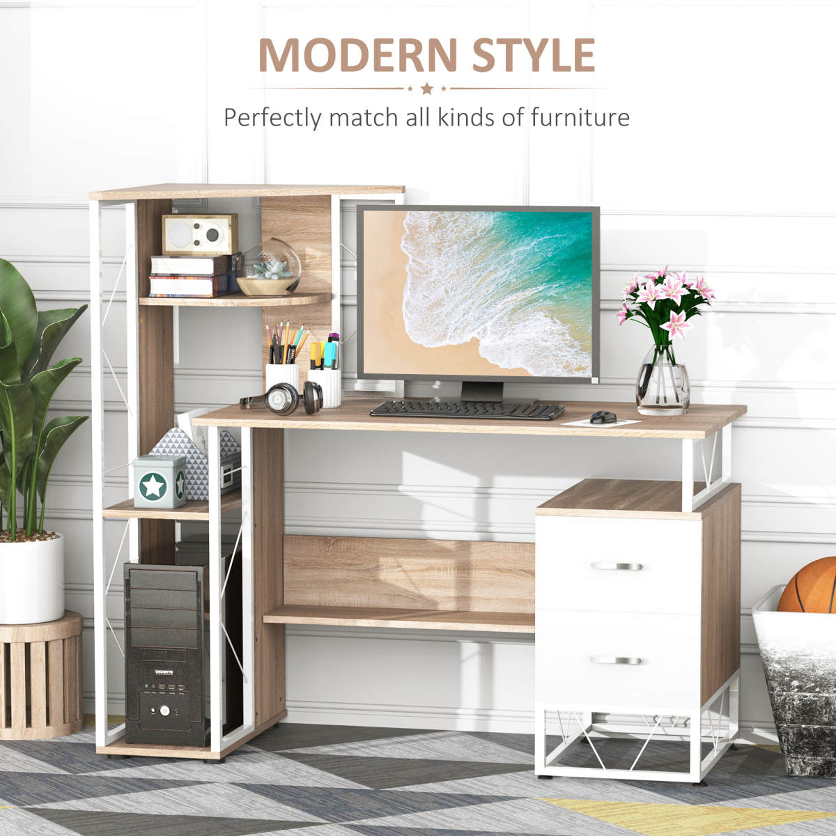 HOMCOM Workstation Computer Writing Desk with 2 Drawers and Multi-Shelves, Oak/White