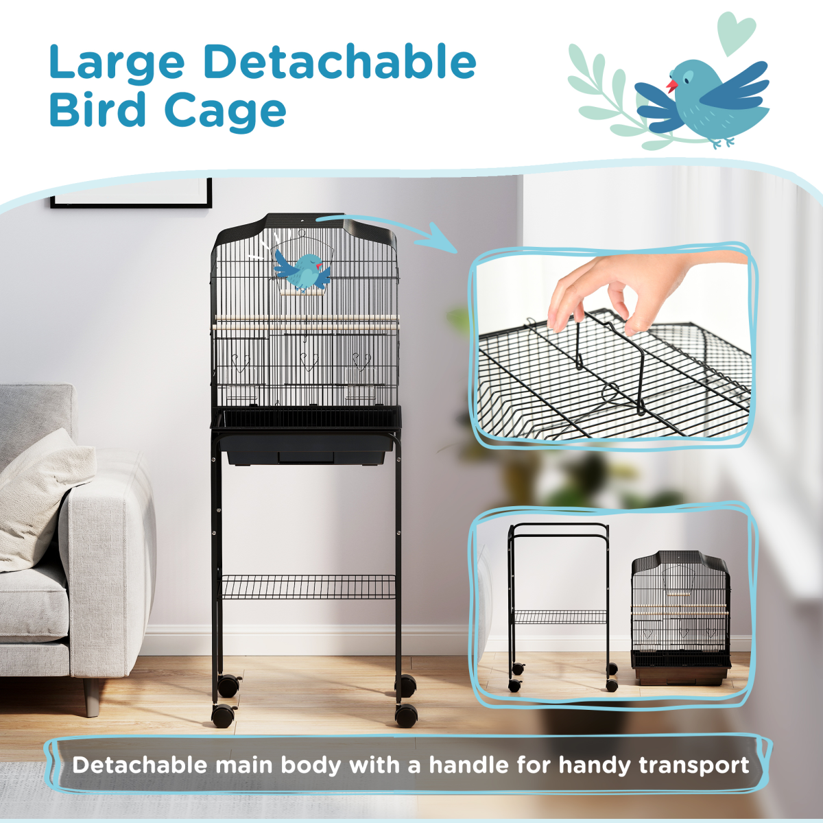 PawHut Bird Cage with Stand, Tray and Wheels for Small Birds, Black