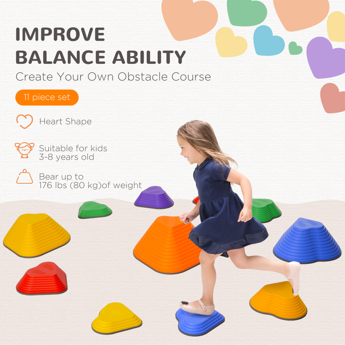 AIYAPLAY 11-Piece Kids Stepping Stones, Non-Slip Stackable
