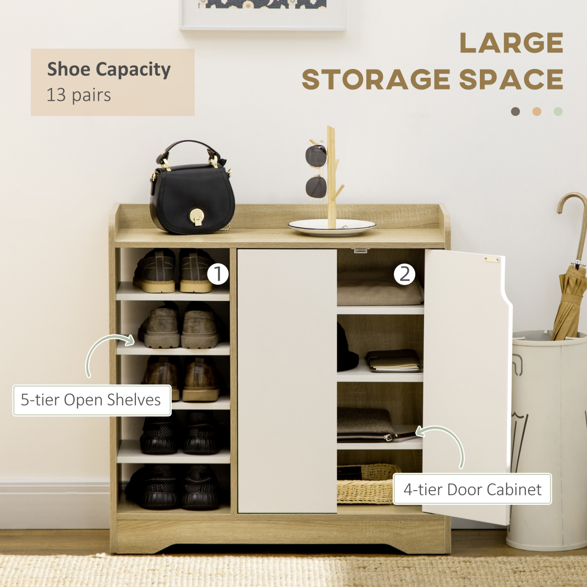 HOMCOM Shoe Storage Cabinet with Double Doors and Open Shelves