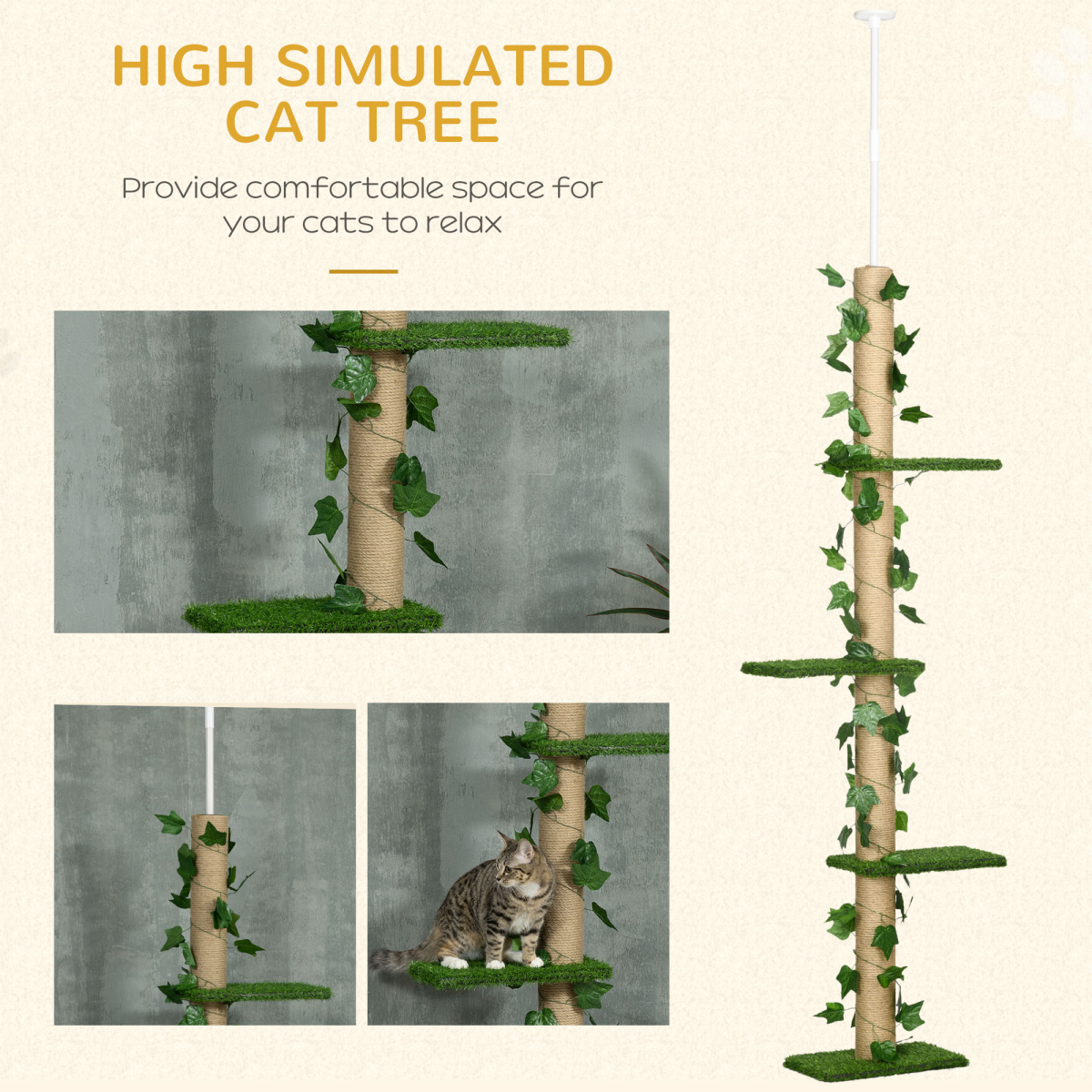 202-242cm Adjustable Floor-to-Ceiling Cat Tree, Green, Anti-Slip Kit