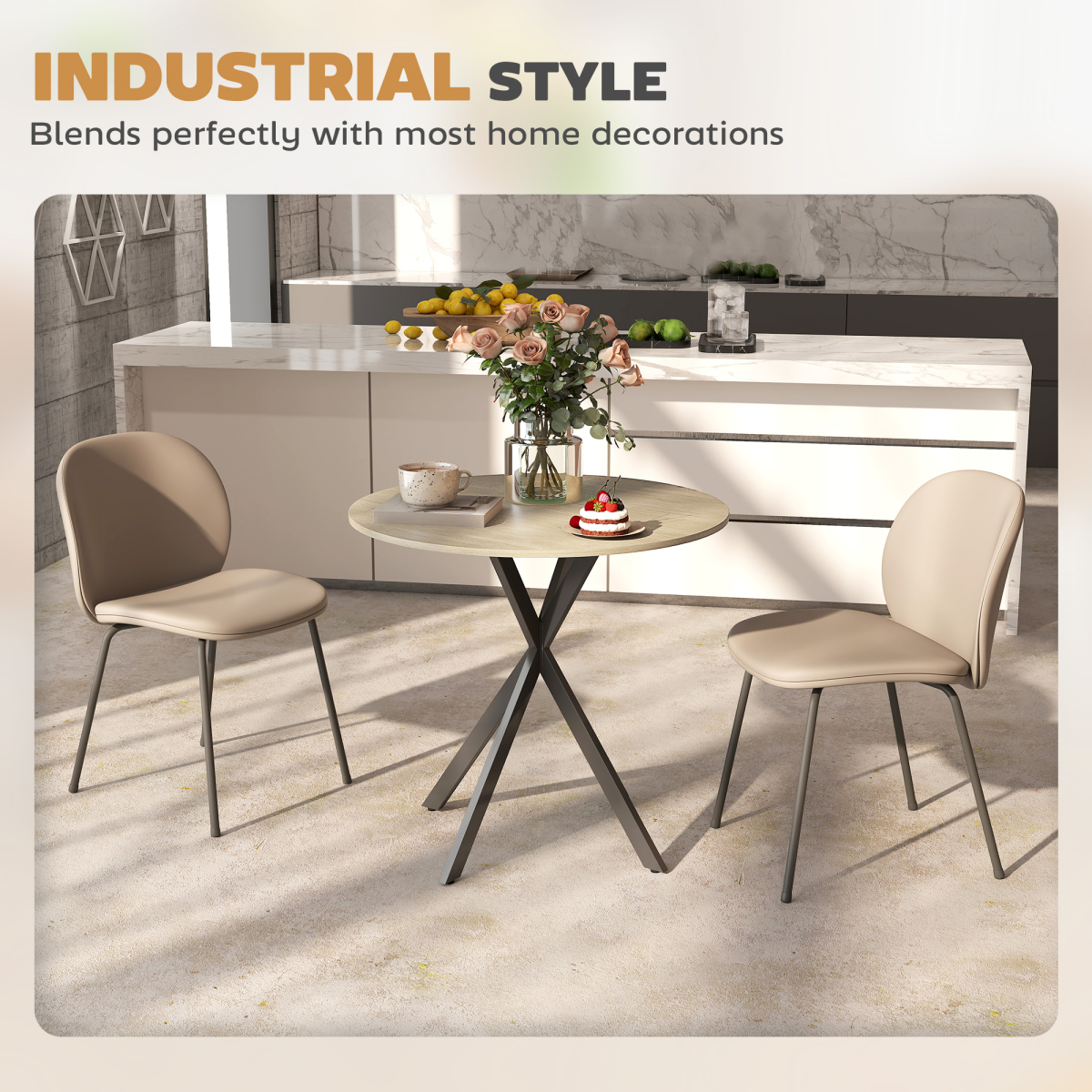 HOMCOM 80cm Round Dining Table, White Oak Effect with Steel Legs