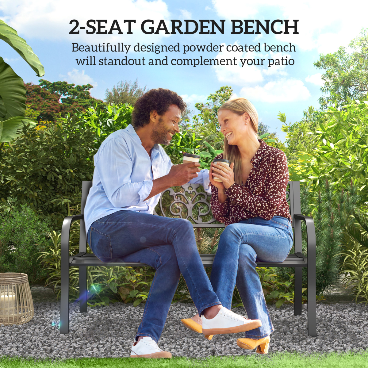 Outsunny 2-Seater Steel Garden Bench with Floral Backrest
