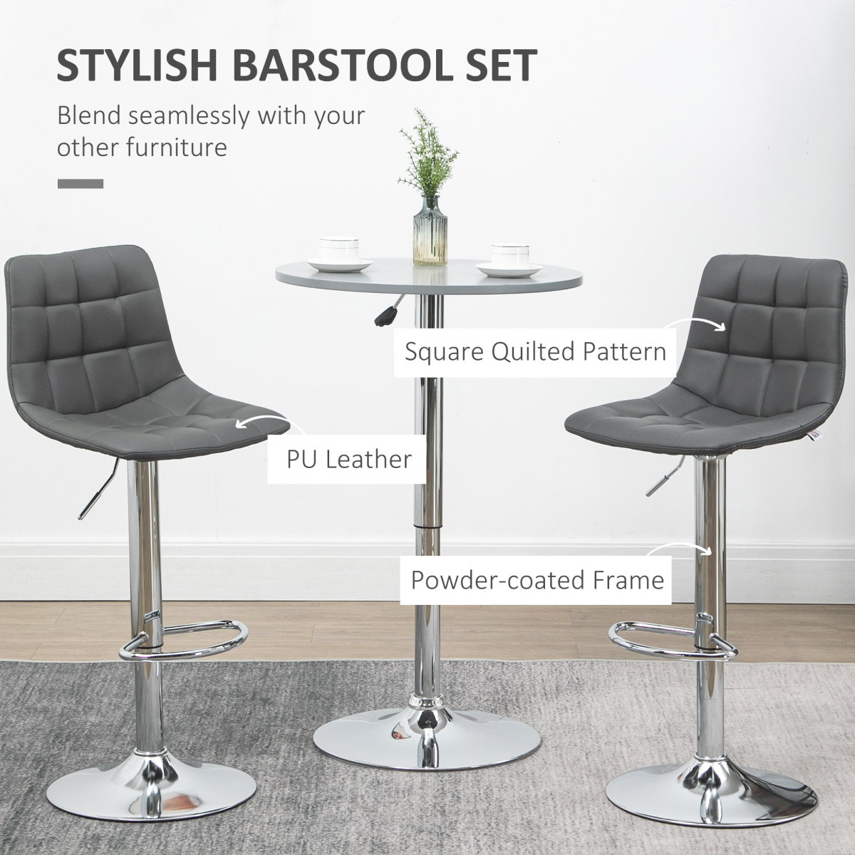 HOMCOM Set of 2 Adjustable Swivel Breakfast Dining Stools with Footrest, Faux Leather, Grey