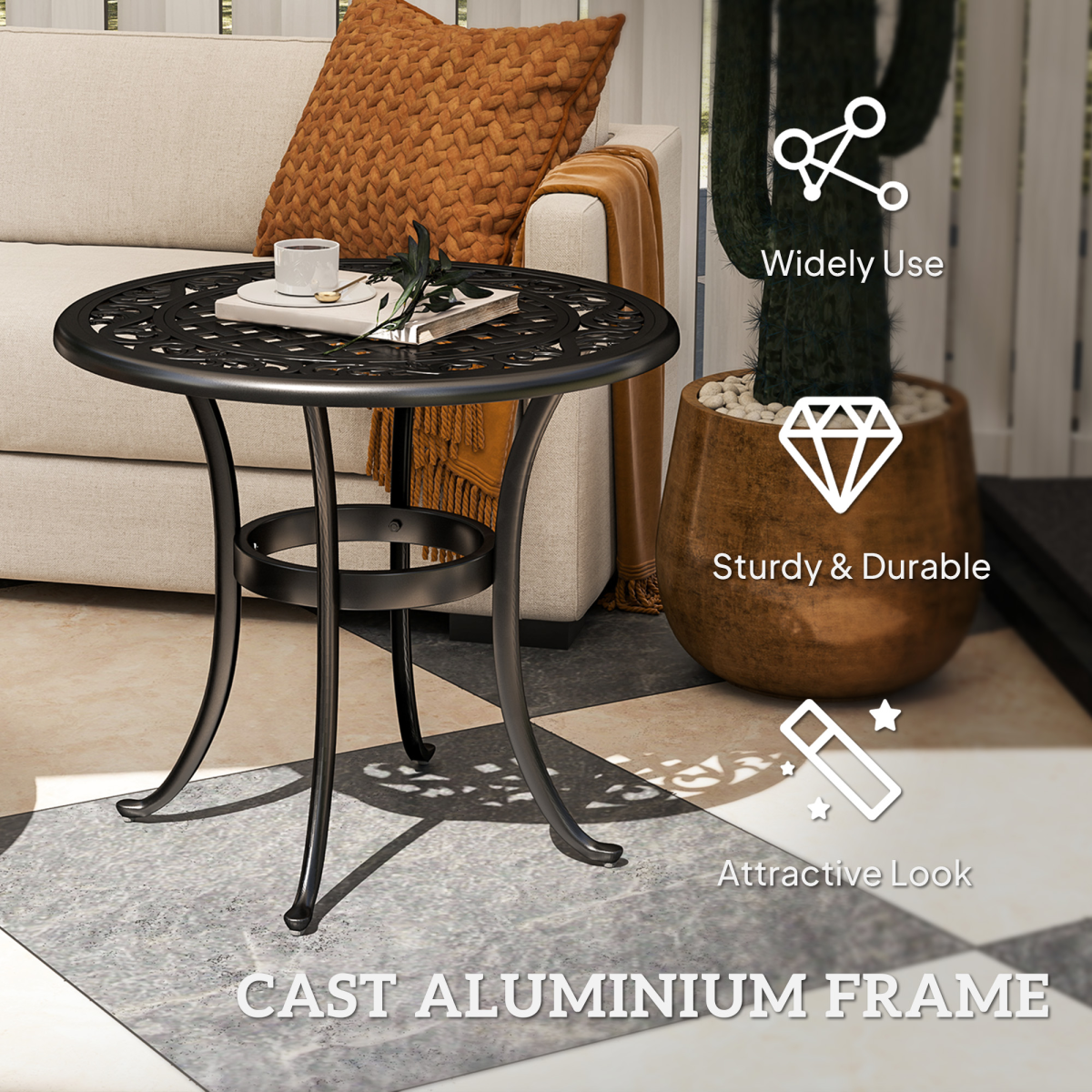 Outsunny Black Aluminium Outdoor Garden Side Table, 60kg Capacity