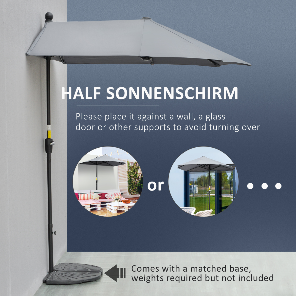Outsunny 2m Half Garden Parasol Umbrella with Crank Handle, Dark Grey