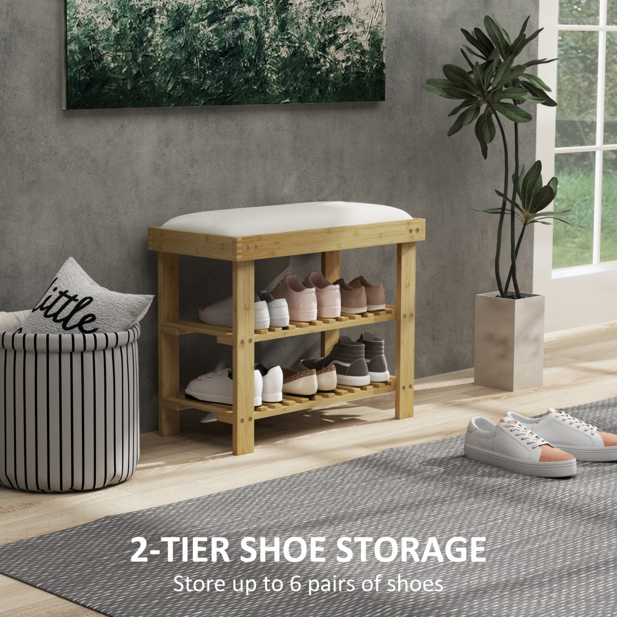 HOMCOM Bamboo 2-Tier Shoe Storage Bench with Cushion, Cream White