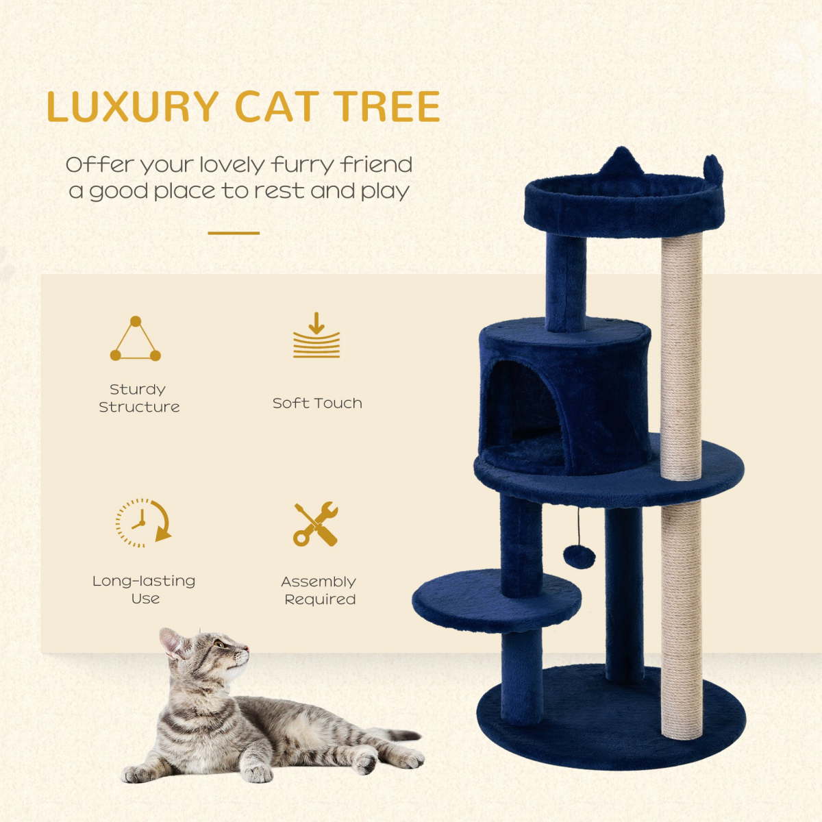 PawHut 104cm Deluxe Multi-Tier Cat Activity Tree with Scratching Posts, Top Round Ear Perch, House, Platform and Hanging Ball