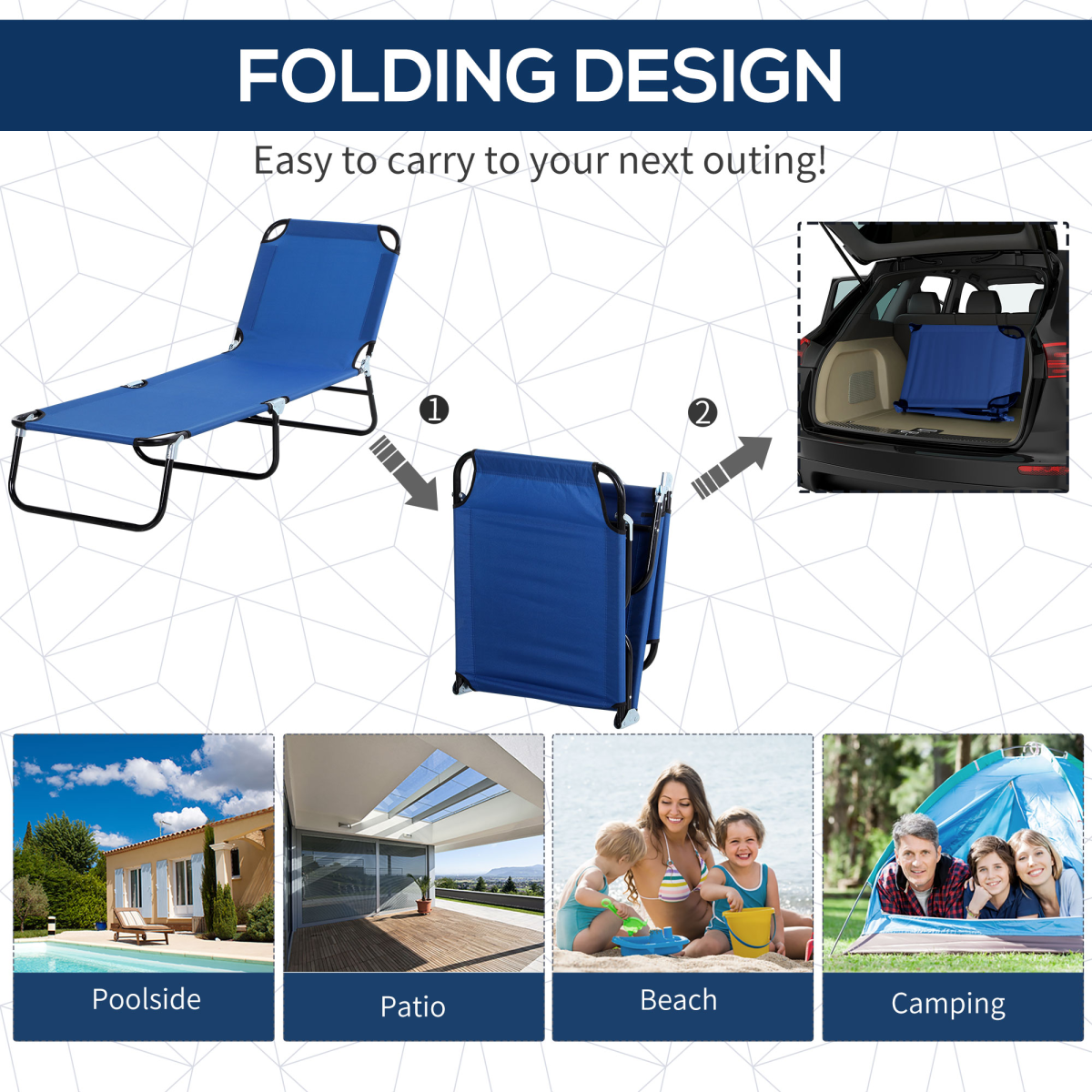 Outsunny Folding Reclining Beach Lounger Chair with Adjustable Back and Removable Sun Visor, Blue