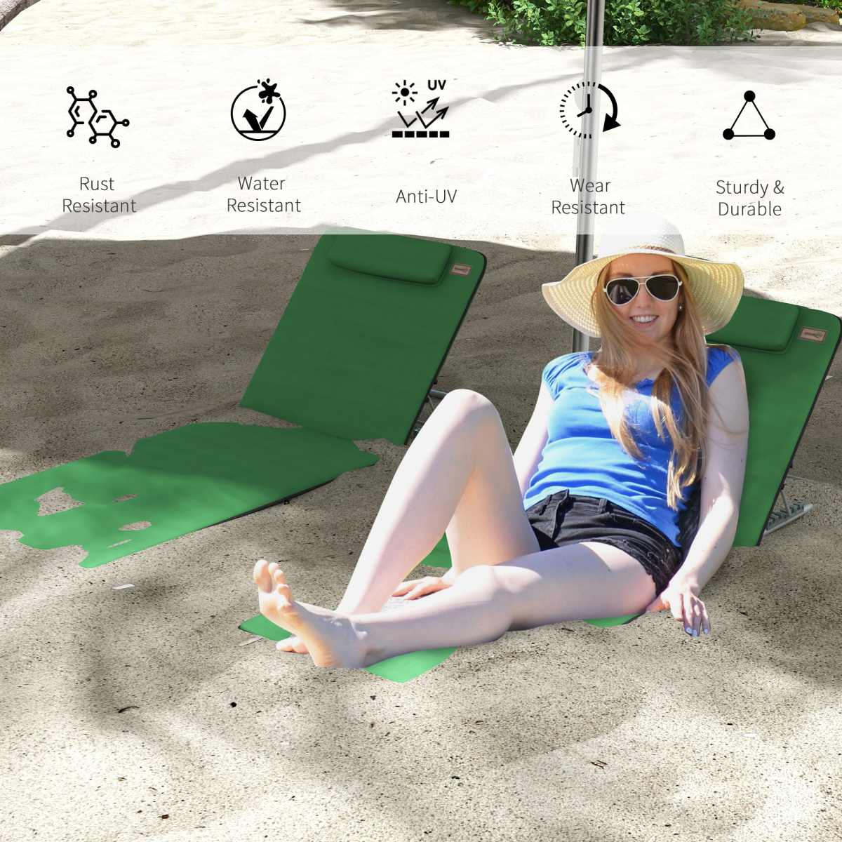 Outsunny 2-Piece Outdoor Beach Mat Set with Backrest, Steel Reclining Frame, Pillow