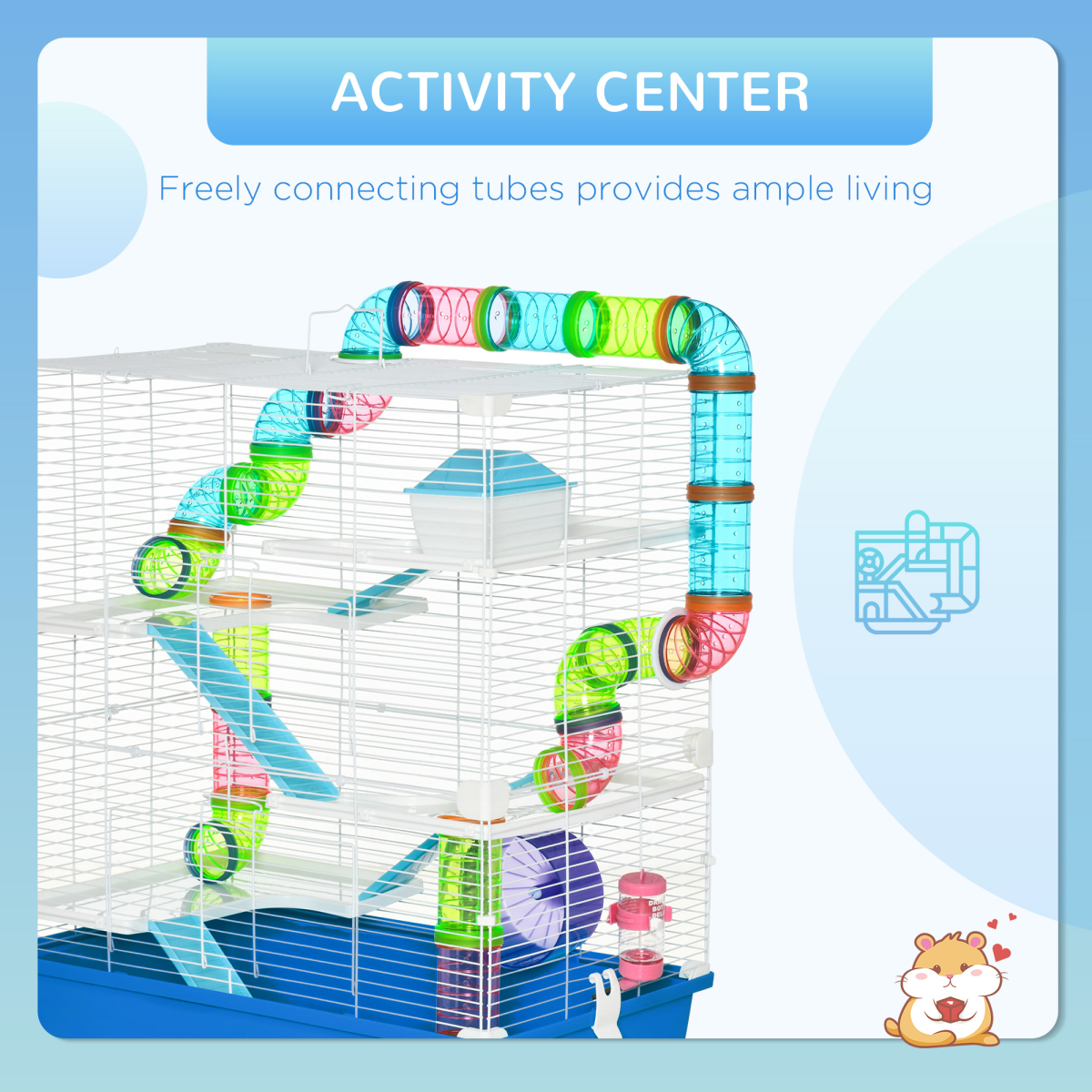PawHut Five-Level Hamster Cage with Tubes, Water Bottle, Exercise Wheel, Ramps, Hut and Food Dish, Blue