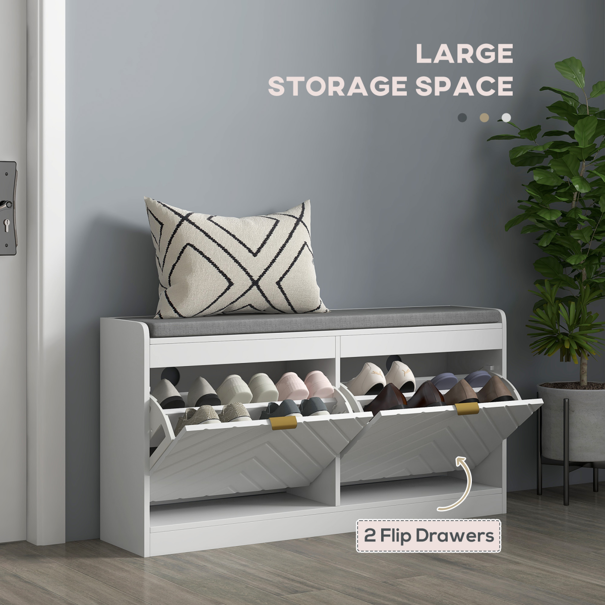 HOMCOM Shoe Bench with Cushioned Seat, 2 Flip Drawers, 8 Pairs, White