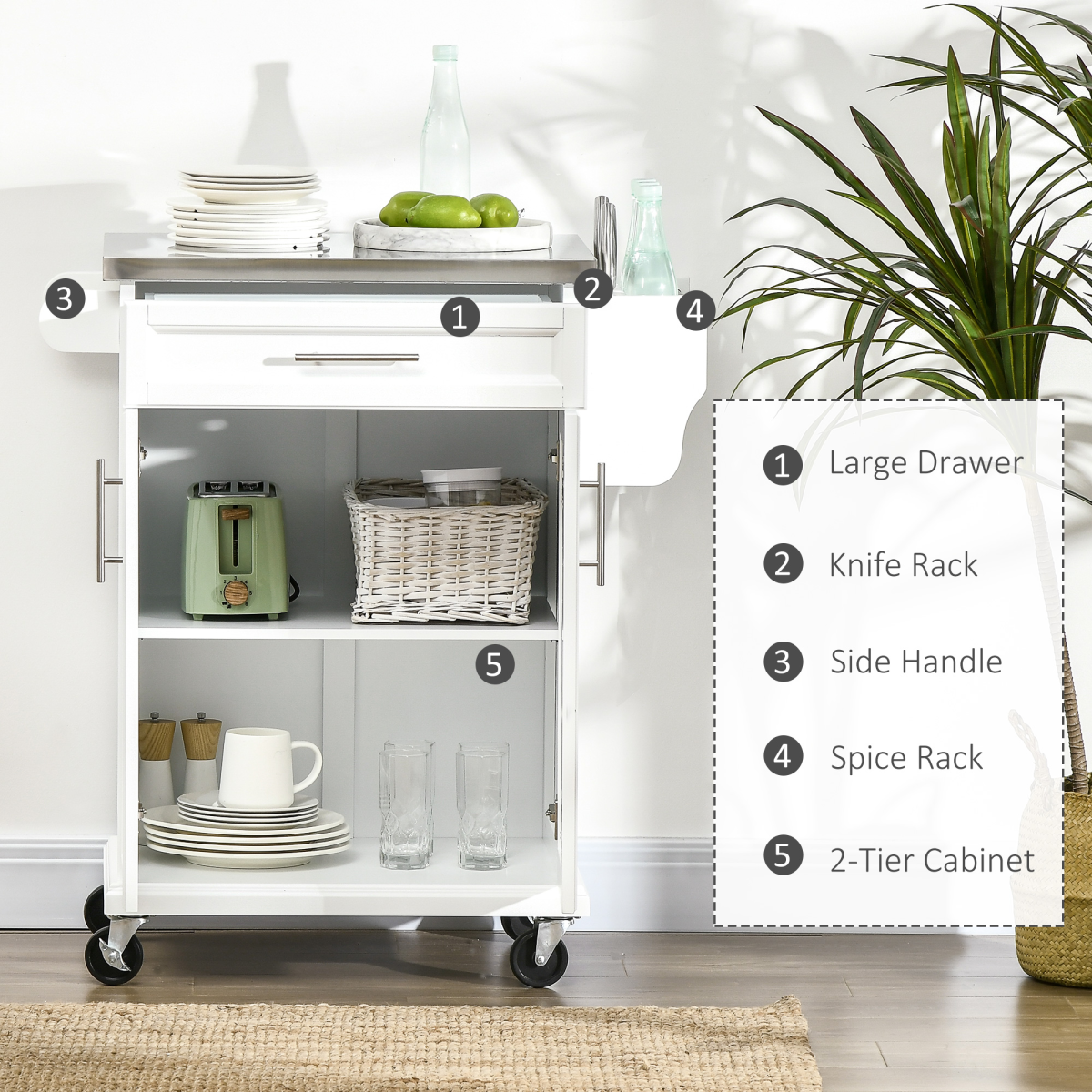 HOMCOM Rolling Kitchen Island Cart with Drawer, Storage Cabinet, Towel Rail, Knife Rack, Spice Rack, Stainless Steel Worktop, White
