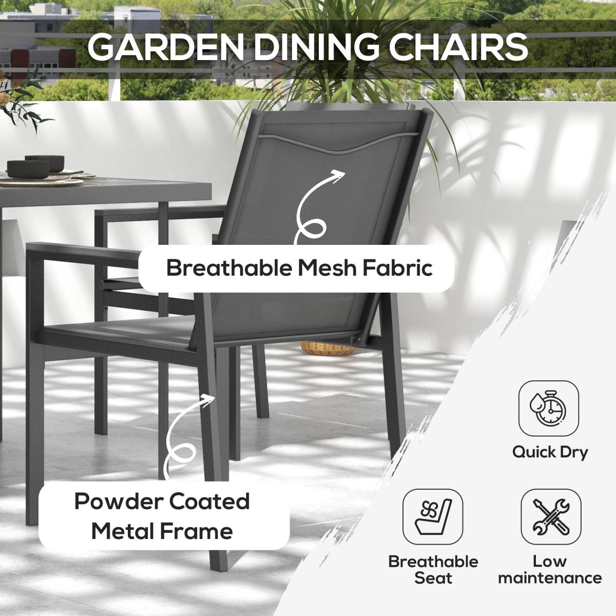 Outsunny 5 Piece Outdoor Garden Dining Set with 4 Chairs, Steel Frame and Tempered Glass Table, Grey