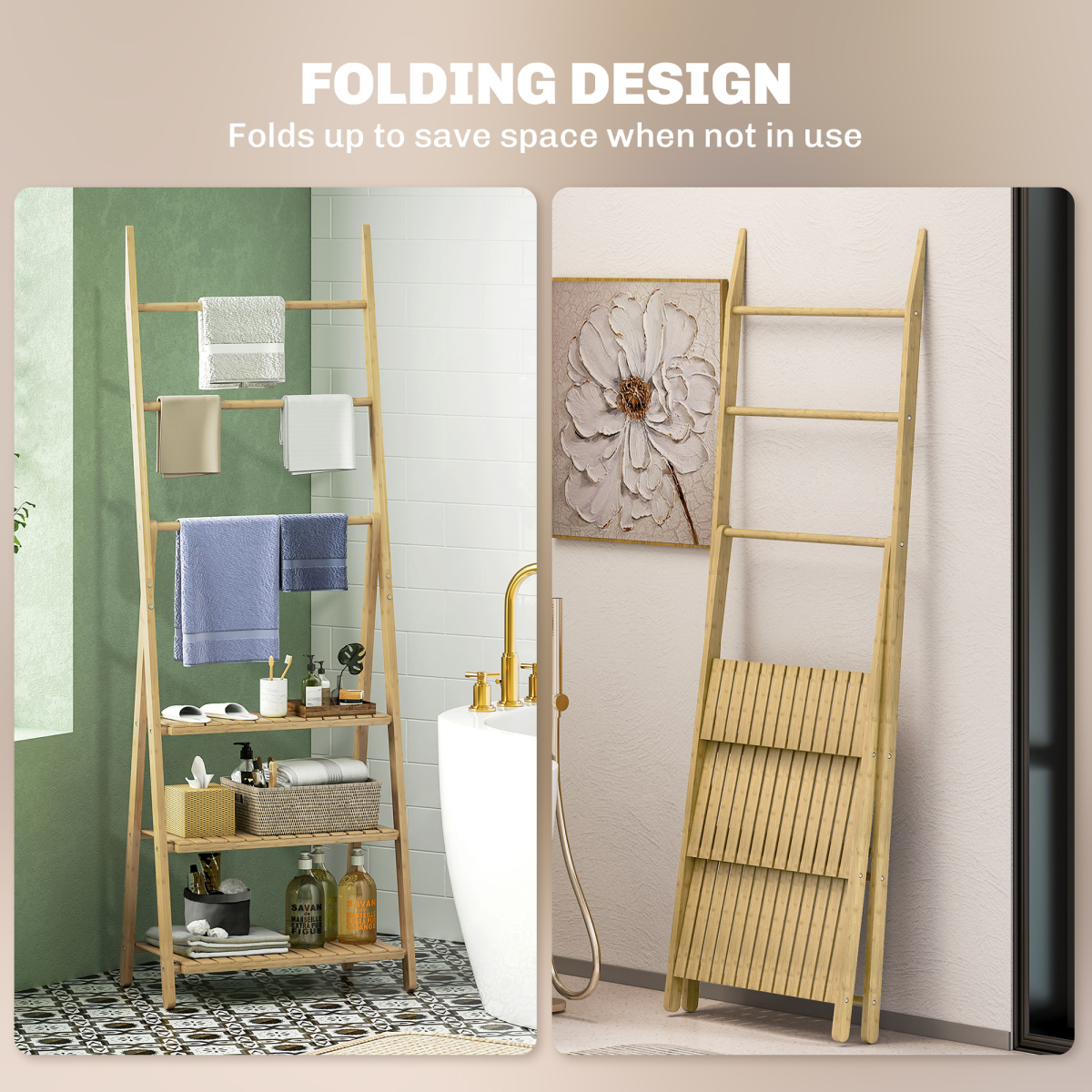 HOMCOM 3-Tier Folding Bamboo Bathroom Shelf with Towel Bars