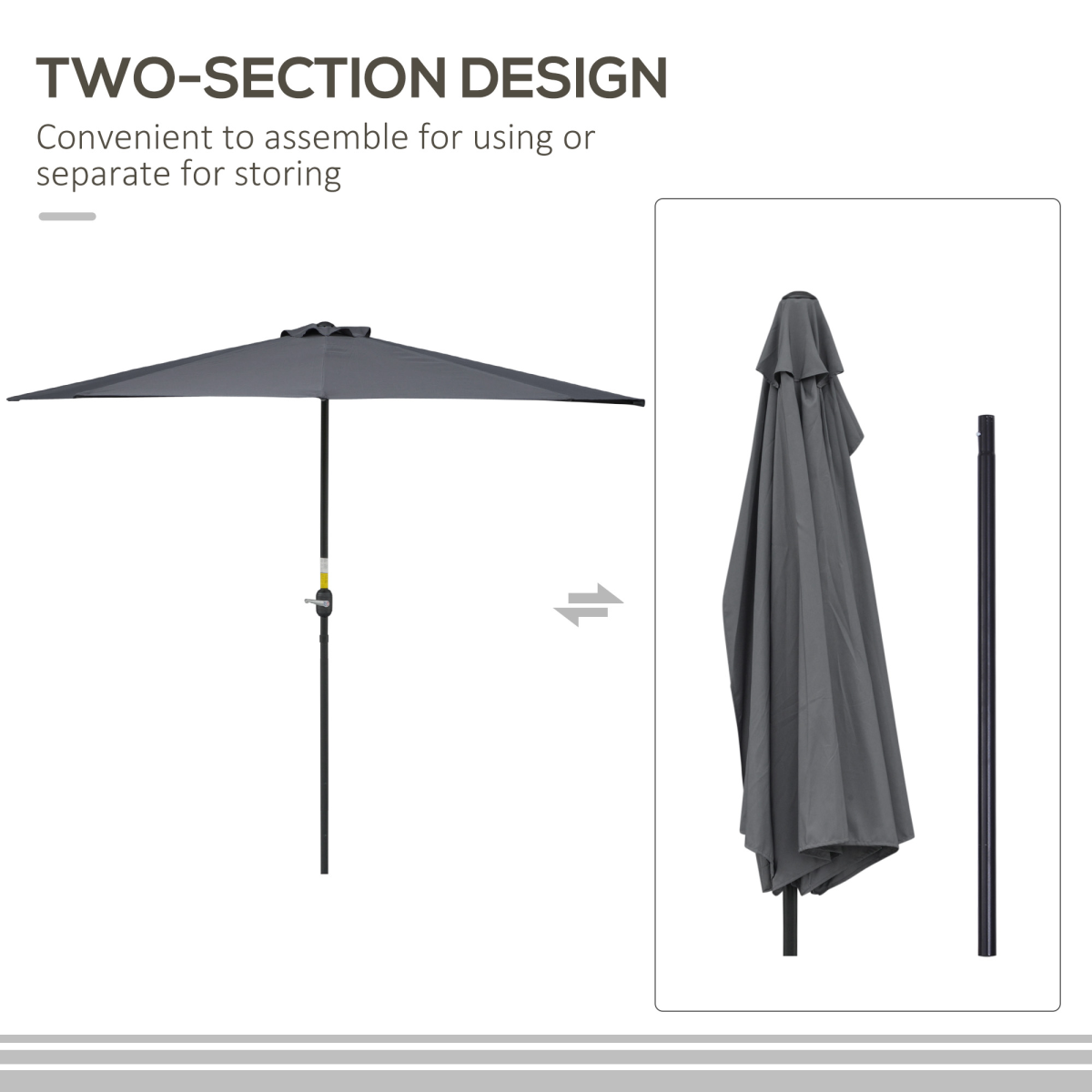 3m Half Round Wall Parasol, Grey Polyester and Aluminum Frame