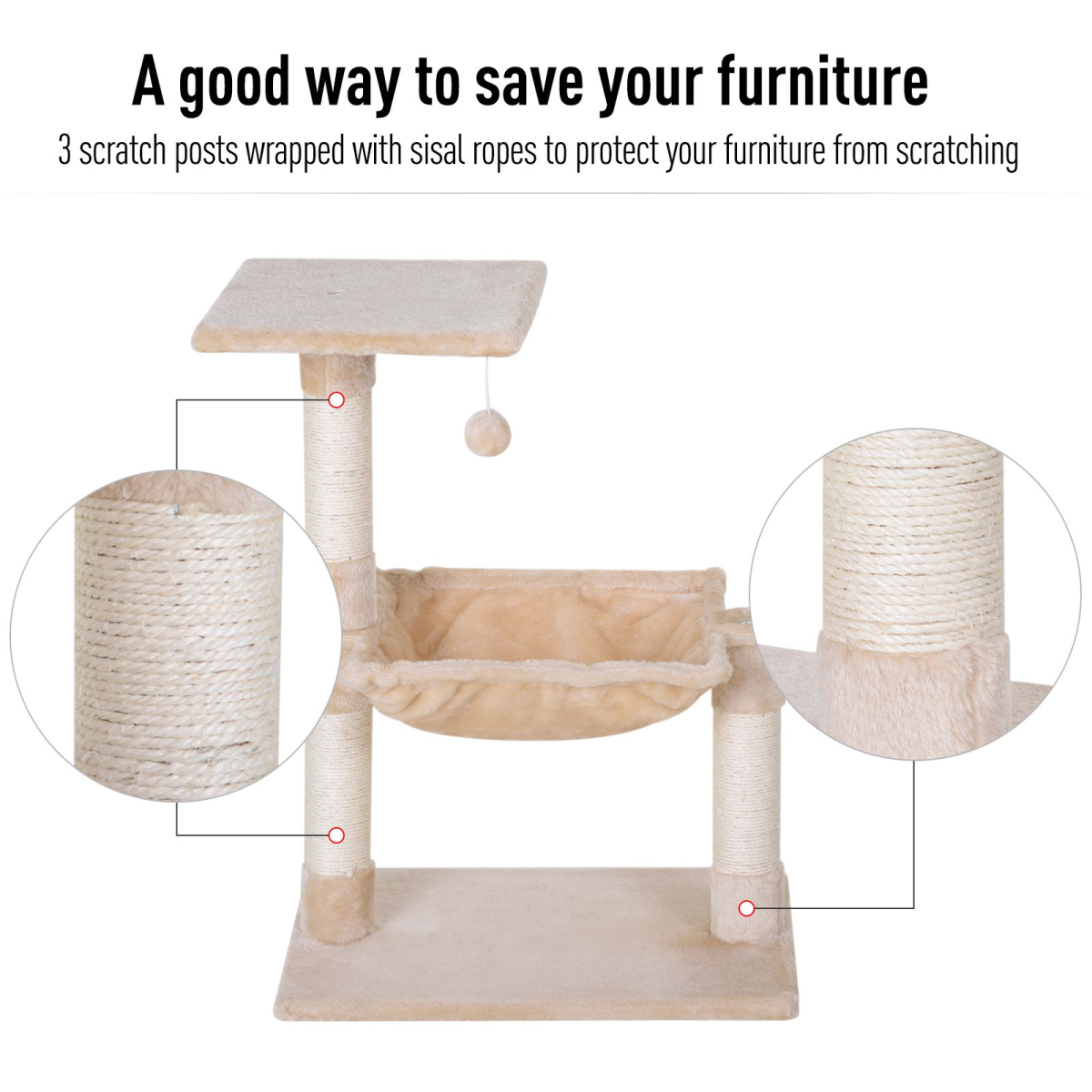 Pawhut Cat Activity Tree Two-Tier Play Tower with Sisal Scratching Posts, Hammock and Top Perch