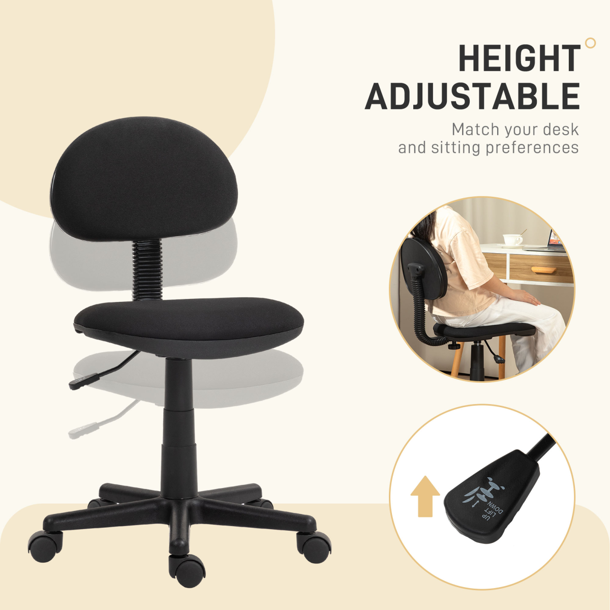 HOMCOM Armless Office Chair, Adjustable Height, Swivel Wheels, Black