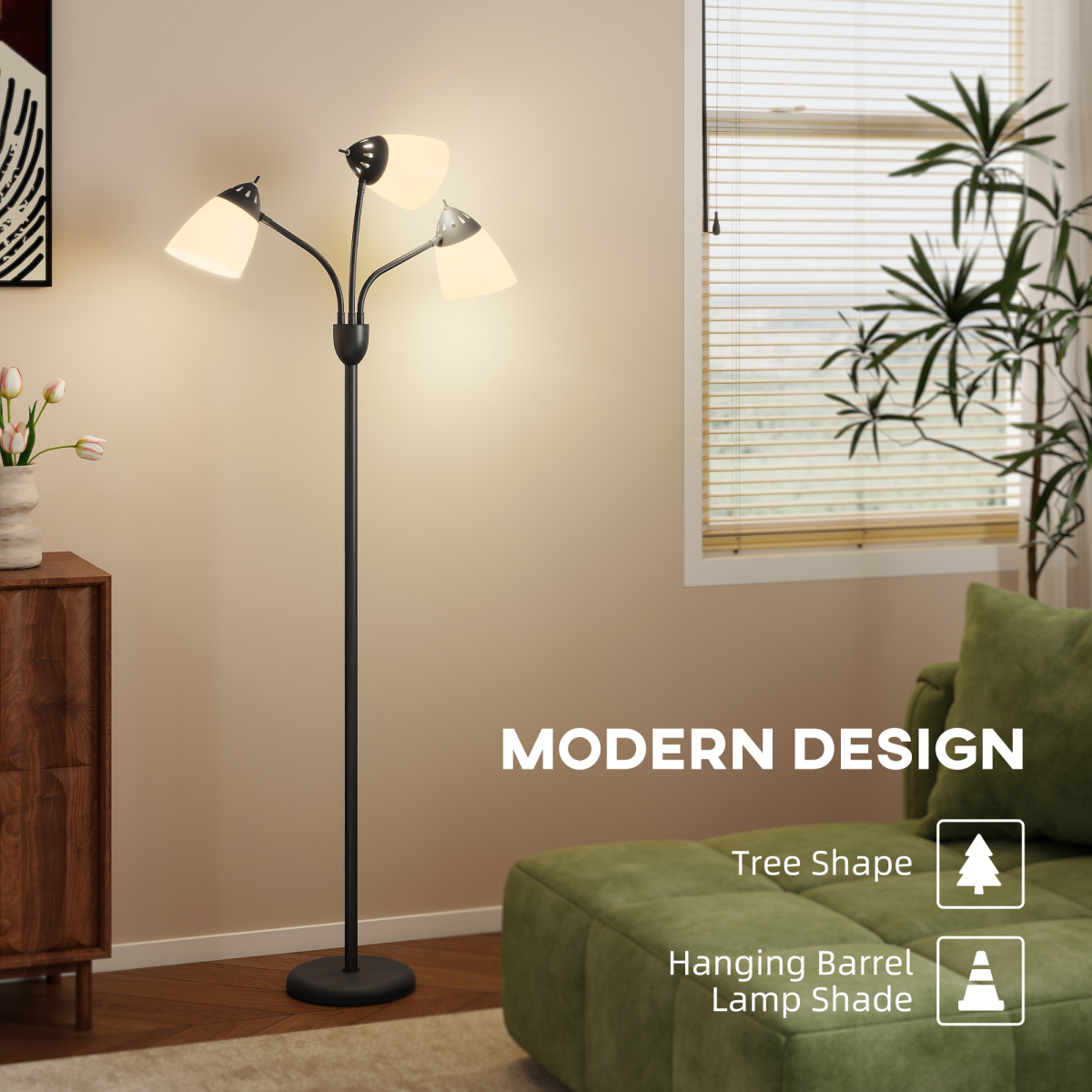 HOMCOM 3-Light Arc Tree Floor Lamp, Flexible Heads, Black, 3000K/4500K/6500K