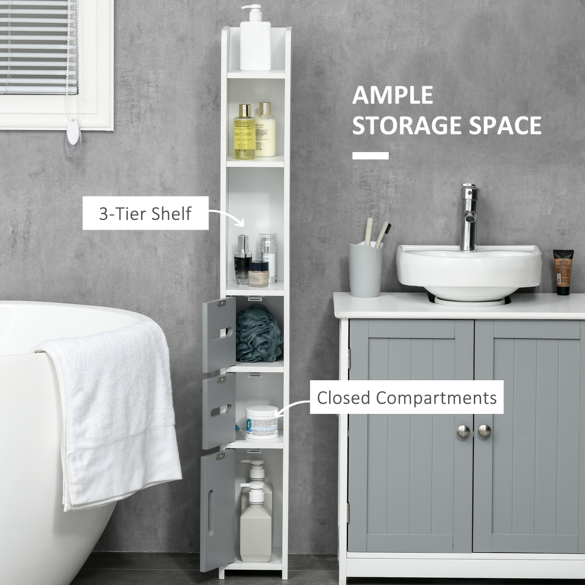kleankin Freestanding Tall Bathroom Cabinet with Open Shelves and 3 Cupboards, Grey
