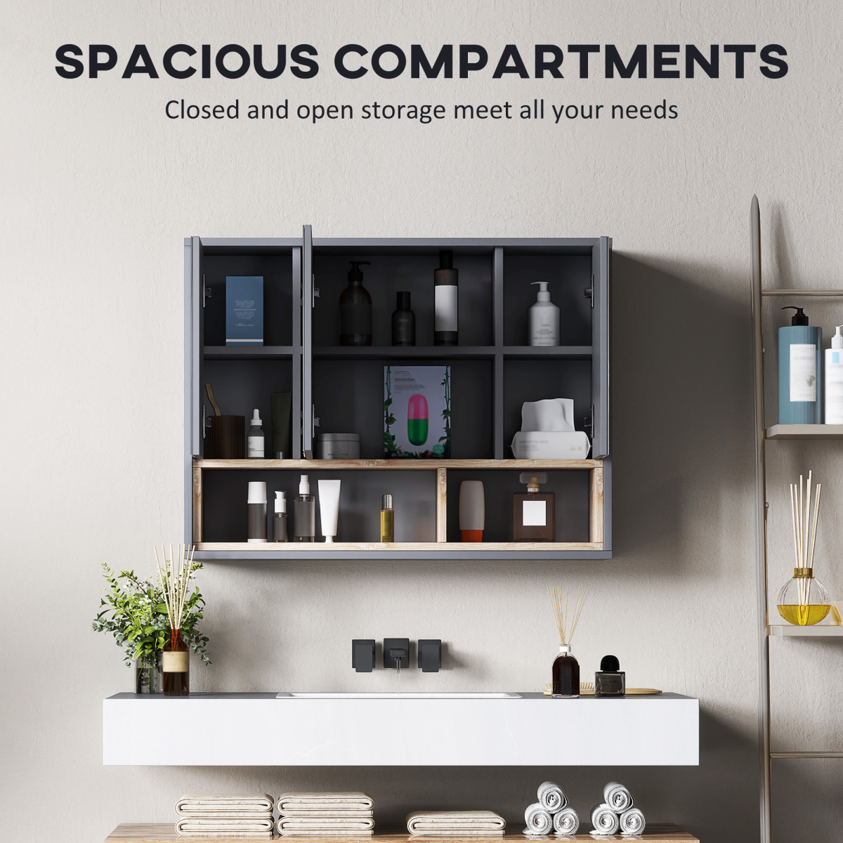 HOMCOM Wall Mounted Mirrored Bathroom Cabinet with Shelves, Grey