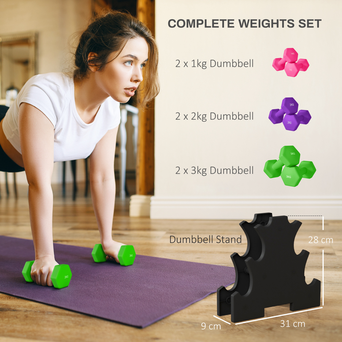 SPORTNOW Hex Dumbbells Set with Rack, 2 x 1kg, 2 x 2kg, 2 x 3kg