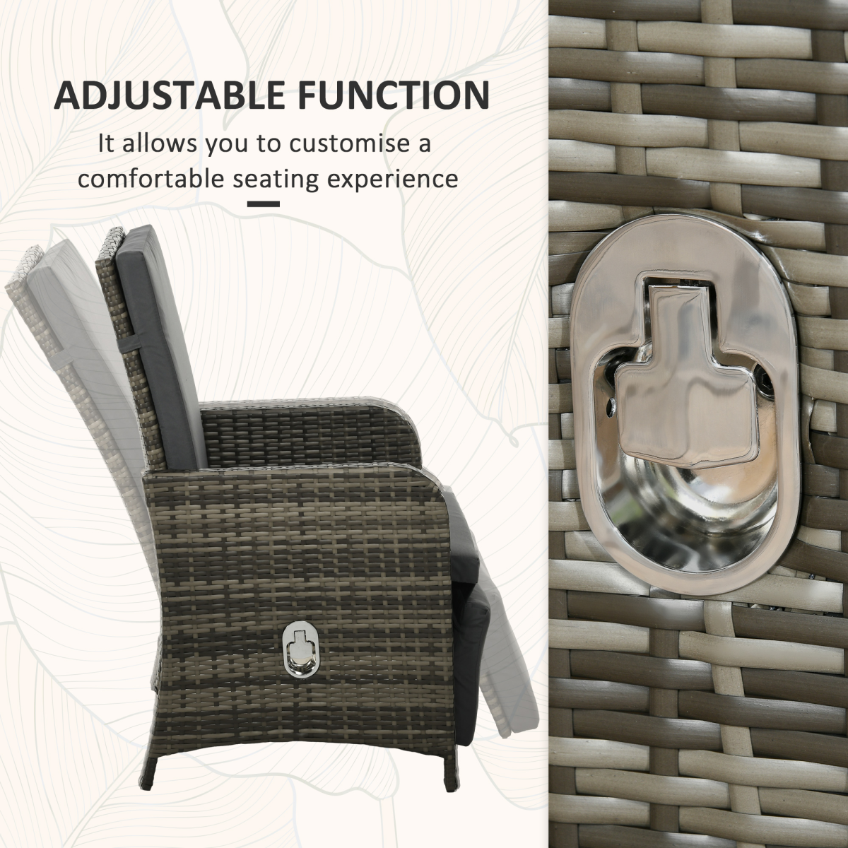 Outsunny 3-Piece Rattan Bistro Set with Adjustable Backrest and Footrest, Mix Grey