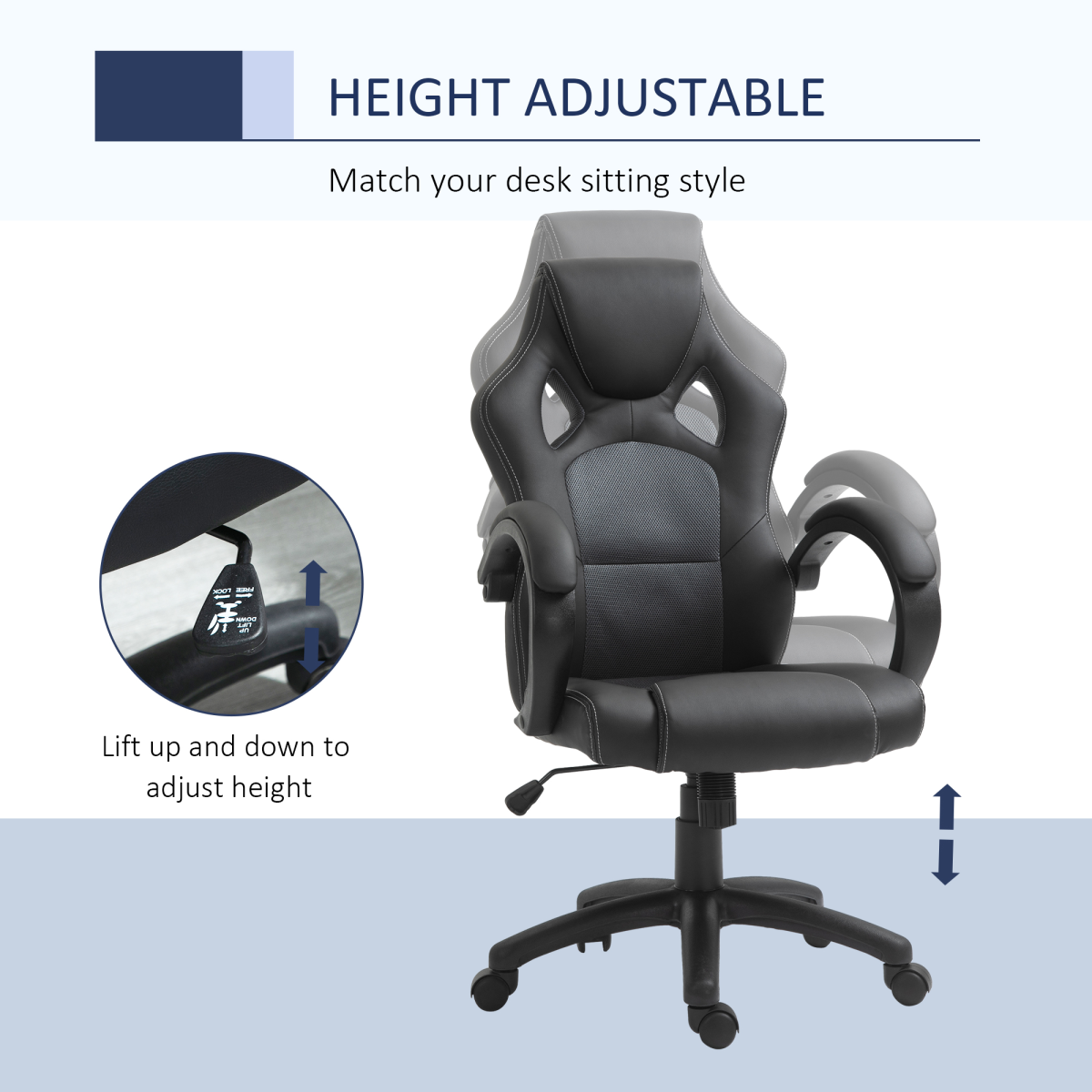 Vinsetto Grey PU Leather Racing Swivel Gaming Office Chair with Headrest