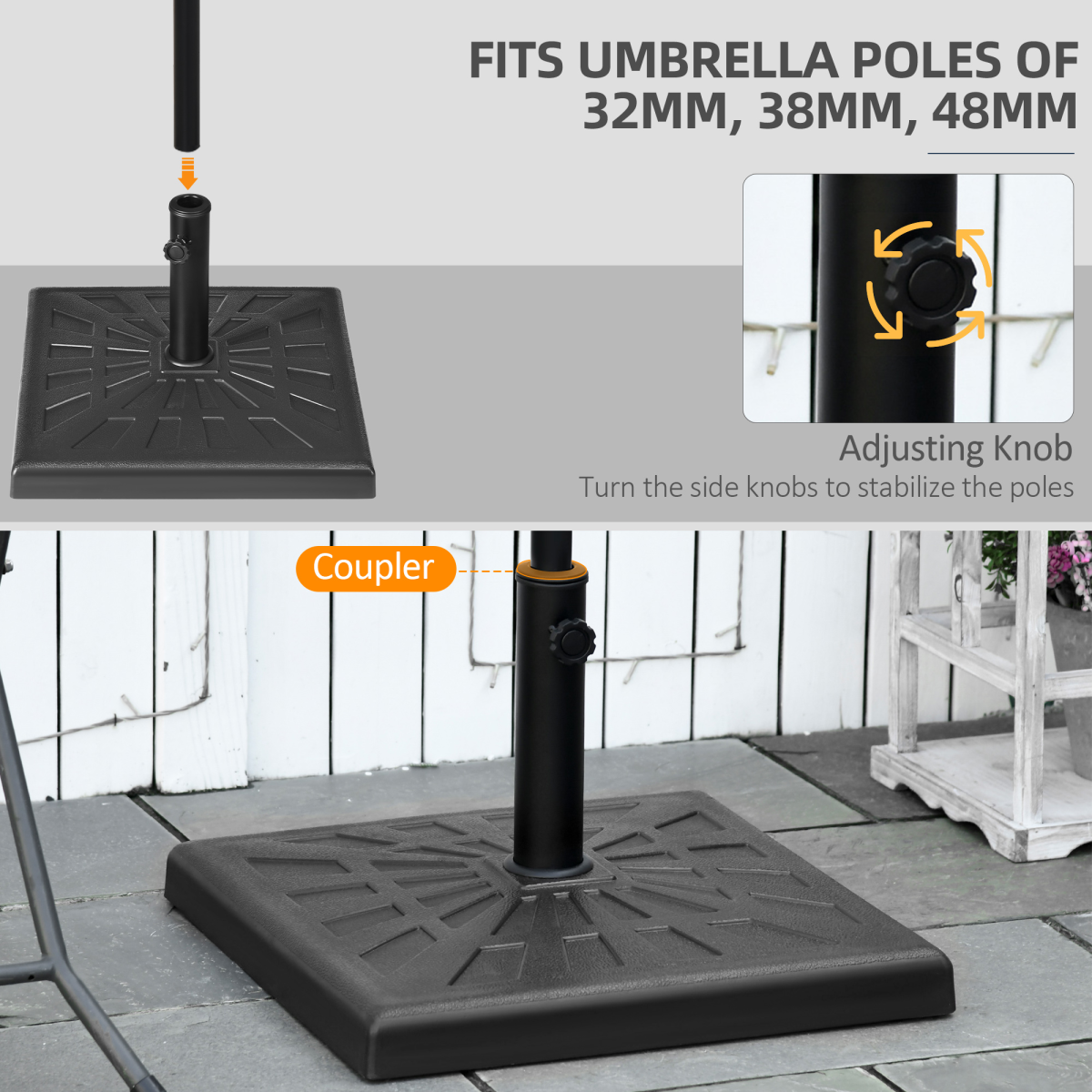 Outsunny 19kg Square Resin Garden Parasol Base for Poles of 32mm, 38mm, 48mm