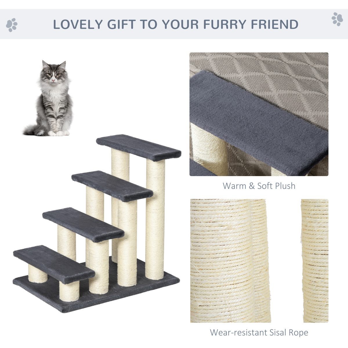 PawHut Plush Pet Stair Ladder for Cats and Dogs with Sisal Posts